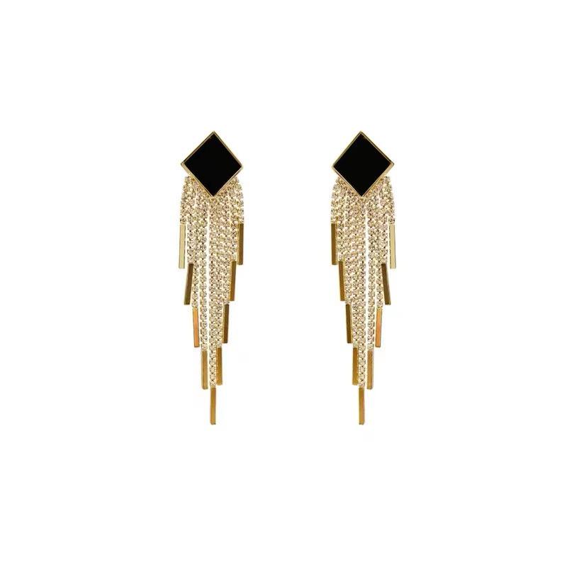 Exaggerated Square Long Tassel Earrings with 925 Silver Needle - Fashionable Luxury Statement for Socialites