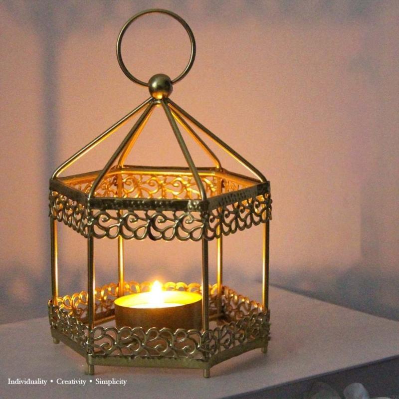 62KD Hexagonal Metal Holder Hollowed Iron Candlestick Hanging Lanterns