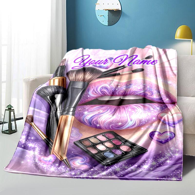 1PC Custom Name Lip Art Makeup Fantasy Outdooor Flannel Blankets Throw Blanket All-Season Throw Gift Bedspread for Couch, Bed, Camping Holiday Birthda