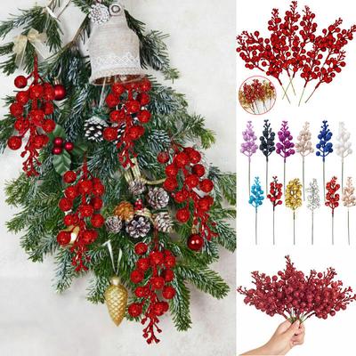 10PCS Christmas Glitter Berries Stems Artificial Christmas Simulation Holly Berries Pine Branch for Christmas Tree Ornaments Holiday Home Decor CDN