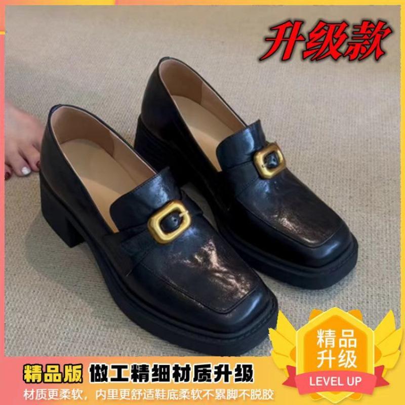 

Sheepskin version~ genuine leather retro white loafers women s British style one-pedal small leather shoes metal buckle thick heel single shoes 40