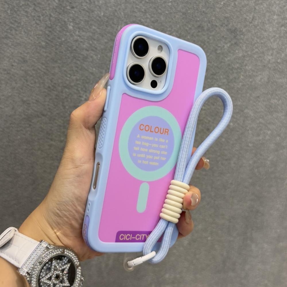 Strap Lanyard Contrast Color Magnetic For Magsafe Case For iPhone 15 14 16 Pro Max Wrist Strap Rope Soft Bumper Shockpoof Cover