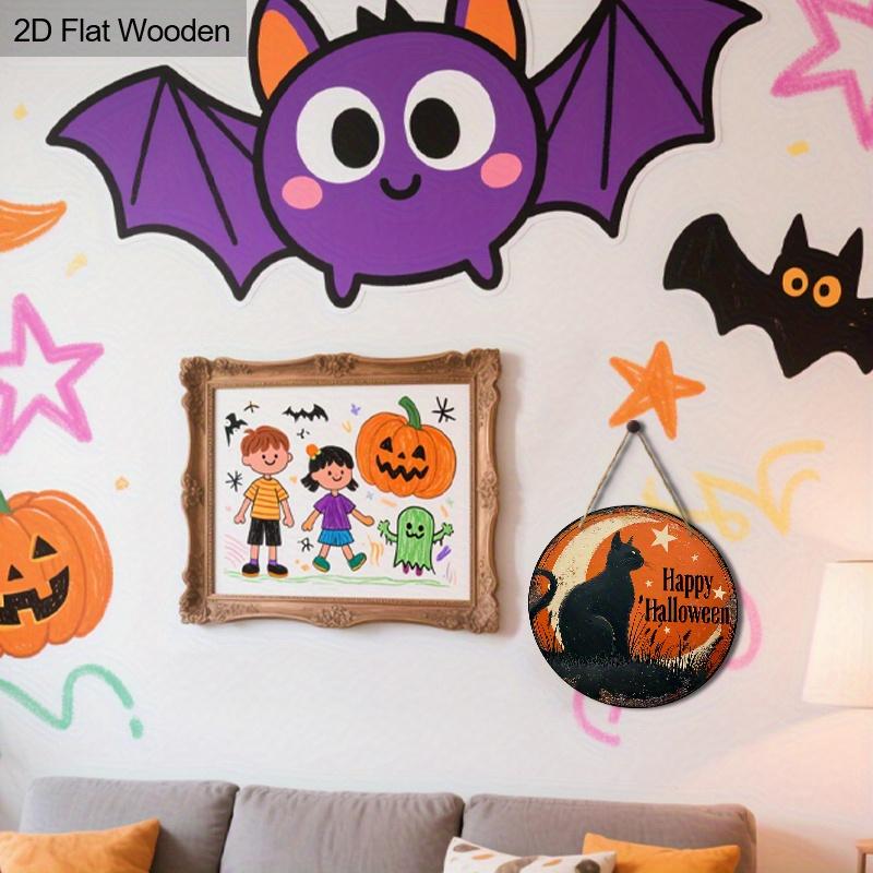 Wesołego Halloween Drewniany Znak ze Wzorem Czarnego Kota - Figurki Ozdobne ze Wzorem Półksiężyca i Gwiazdy - Idealne na Drzwi Wejściowe, Podwórko, Ganek, Dekoracja Pokoju