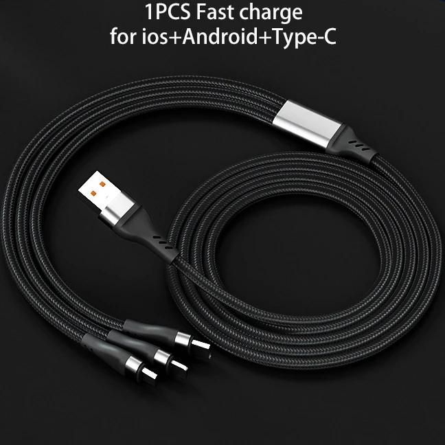 6A 3n1 Nylon Fast Charging Cord for Micro USB Iphone TYPE-C Universal Braided Data Cable Universal Multiple Ports Charger