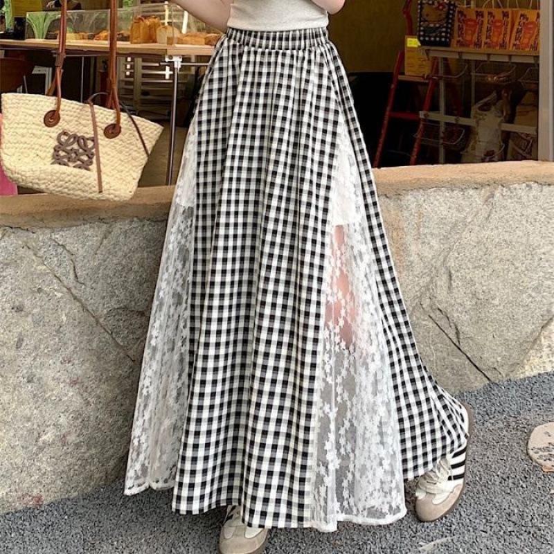 High-Waist A-Line Plaid Skirt with Lace Trim, Plus Size