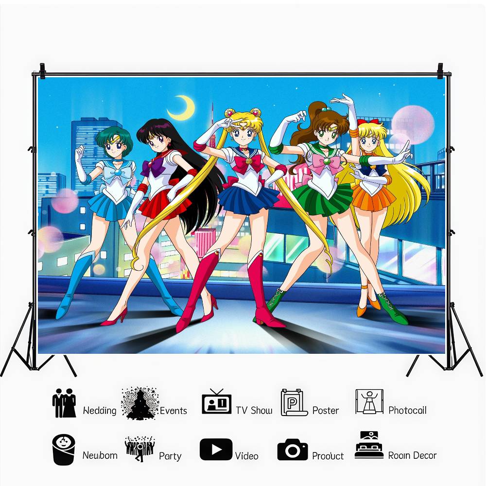 S-Sailor Moon Birthday Party Banner Backdrop Custom Children Room Photography Poster Decor Background