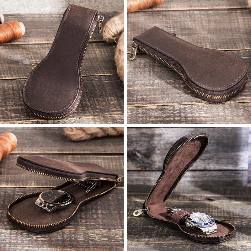 Vintage Crazy Horse Leather Family Watch Storage Box - High-End Genuine Leather Zipper Case