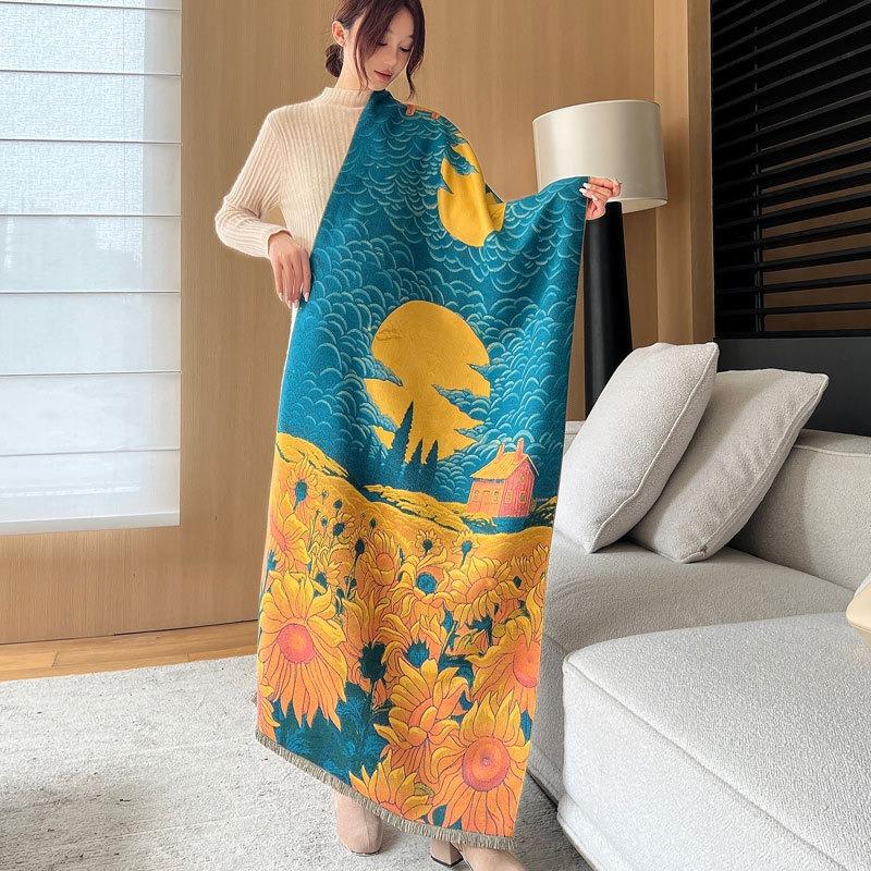 Autumn and winter new sunflower oil painting jacquard scarf women's high-end imitation cashmere shawl versatile thickened warm scarf