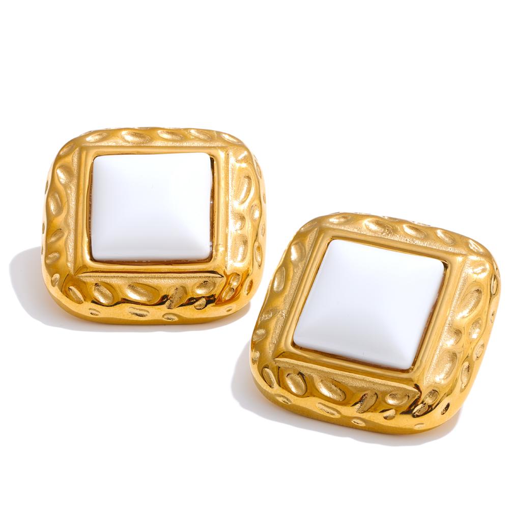 

Yhpup 3.0*3.0mm White Natural Stone Square Stud Earrings Waterproof Classic Vintage Fashion Stainless Steel Golden Charm Jewelry