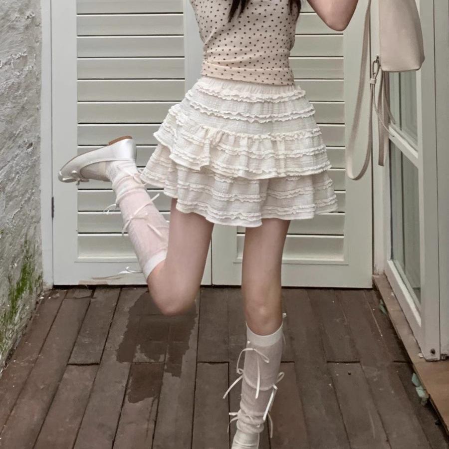 Women's White Lace Puffy Mini Skirt - High-Waisted A-Line Ballet Style, Summer 2026 Collection.