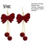 Red Christmas Dangle Earrings 1 Pair Velvet Bow for Women, Bowknot Drop Charming Holiday Party Jewelry with Ball Charm, Gift New Year Xmas Festival