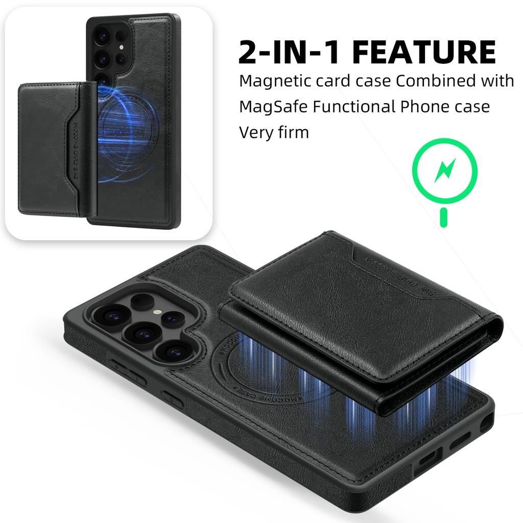 For Samsung Galaxy S25 Ultra Case Compatible with MagSafe Leather Back Phone Cover with Detachable Card Bag