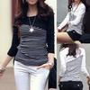 Lady Fashion Women Top Stripe Elegant Round Collar Long Sleeve Casual Blouse