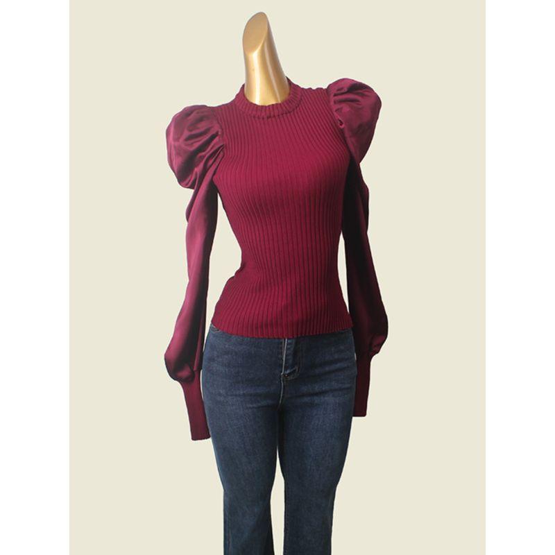 French style Retro Puff sleeve High end Socialite Bottoming Shirt Autumn Thread Slim fit Patchwork Knit