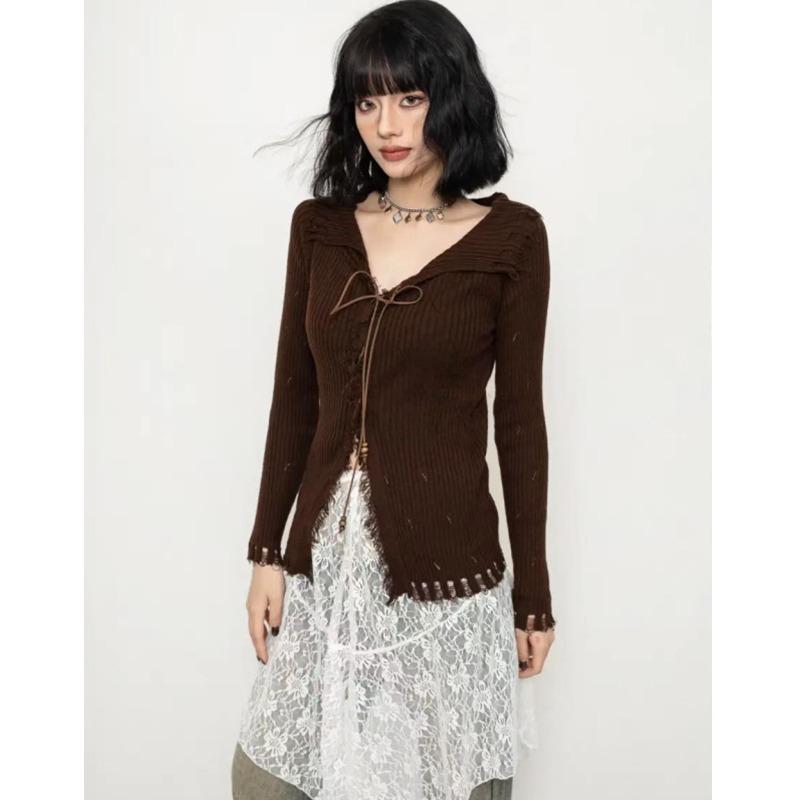 

2025 Элегантный женский пуловер с длинным рукавом, сексуальный свитер, корейский стиль, модный облегающий вязаный топ на шнуровке, осенняя однотонная вязаная одежда One size