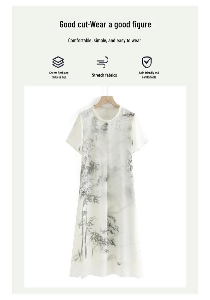 Elegant Summer Chiffon Dress: Chinese Style, Short Sleeves, Loose Plus Size for Middle-Aged and Elderly Women