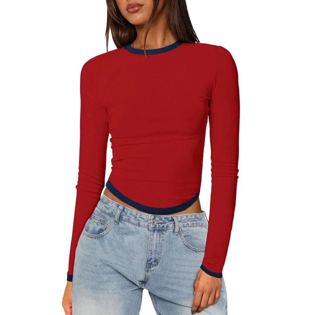 Women's Long-Sleeve Slim-Fit Color Block Crop Base Layer Top
