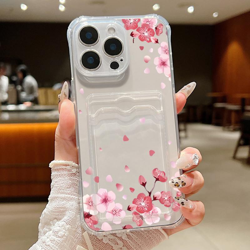 

Для iPhone 16 Pro Max 16E 15 14 Pro 13 12 11 чехол с бантом и цветочным принтом, прозрачный слот для карт, мягкий силиконовый защитный чехол для линз, ударопрочный тонкий чехол для телефона iPhone 16 Pro Max красный/прозрачный