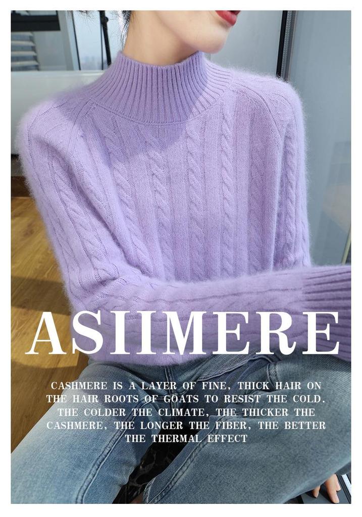 Lekasha Women's Mink Cashmere Knit Pullover - Half-High Neck, Autumn/Winter Loose Fit.