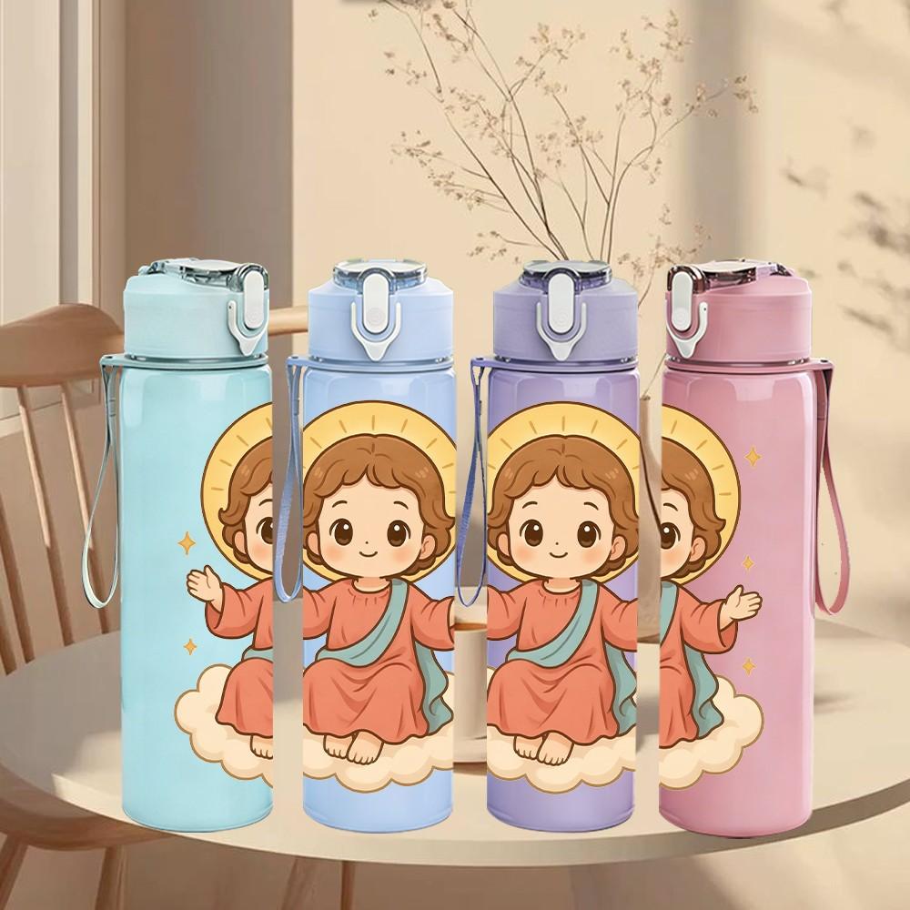 1PC Baby Angel Holy Cute Cartoon Print 750ml Color Plastic Sports Water Bottle Leakproof Flip Straw Lid Suitable for Sports Office Home Use