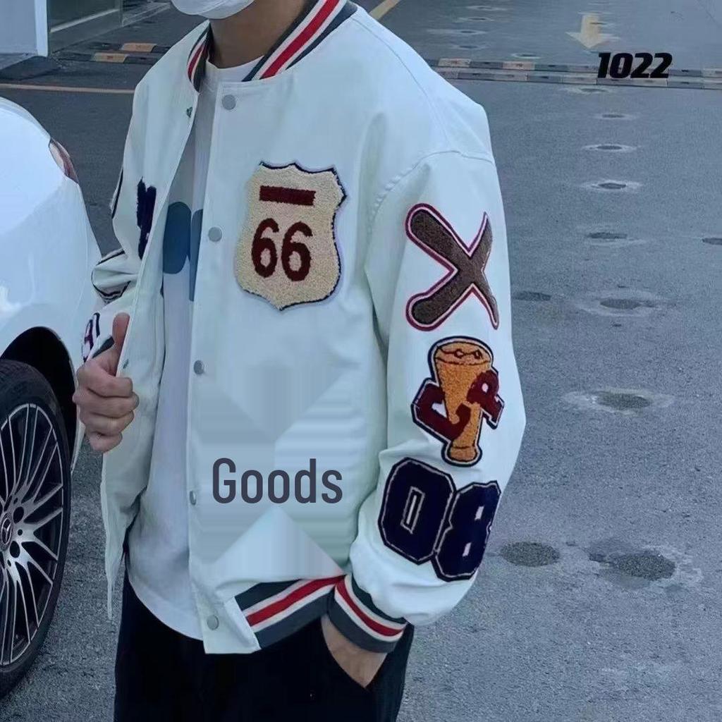 Unisex Multi-Logo Embroidered Leather Baseball Jacket - Autumn/Winter Loose Fit Single-Breasted Outerwear