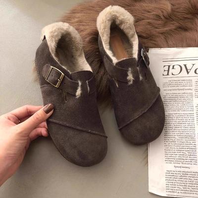 Herbst und Winter Neue Mode Leder Damen Samt Retro Bohnenschuhe Damen Baumwollschuhe Damen Ballerinas Trend Kurzer Plüsch Femme