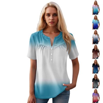 Maglietta casual da donna con stampa floreale, scollo a V, manica corta, bottoni decorativi