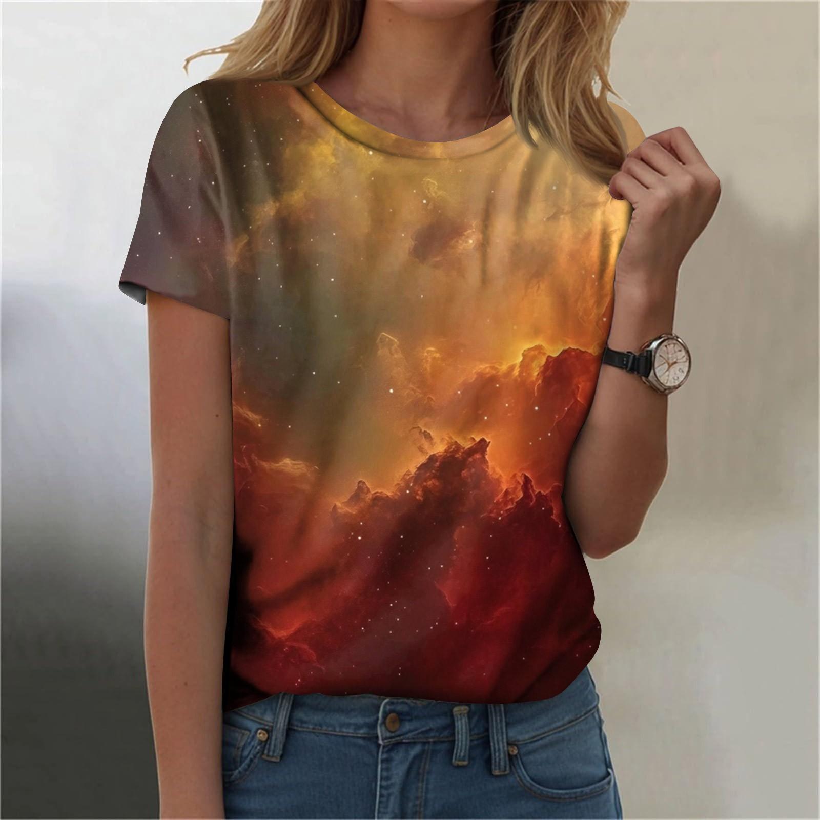 

Женская мода повседневная футболка с круглым вырезом и короткими рукавами с принтом неба S оранжевый