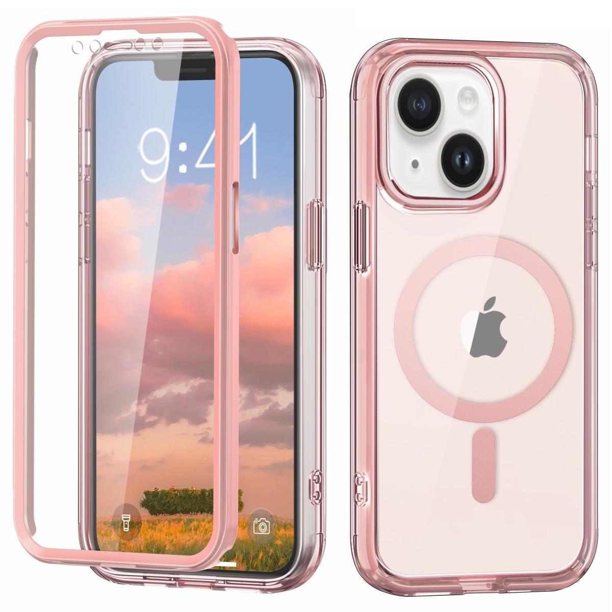 

For iPhone 14 Magnetic Case PC+TPU Shockproof Phone Cover with PET Screen Film Pink