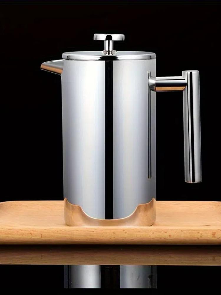 Elegant 350 ml kaffebryggare i rostfritt stål med presskanna - Dubbelväggig, termoisolerad med trähandtag och serveringspip,