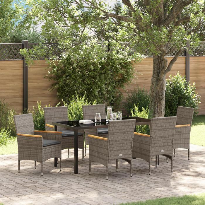 VidaXL Ensemble de Salle à Manger de Jardin de 7 pièces avec Coussins en Poly Rattan Gris 3379853