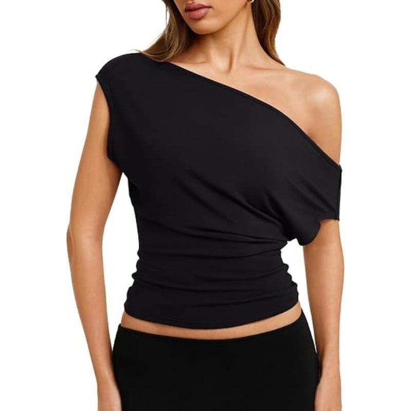 Women S Off Shoulder Slim Fit Short Sleeve T Shirt Summer Street Style S чёрный