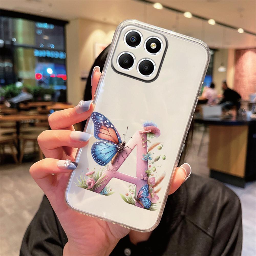 

Blue Butterfly Flower Letters A-Z For Honor X8a X8b X8c X8 X6 5G Transparent Clear Women Back Phone Case Silicone Bumper Cover Honor X8a