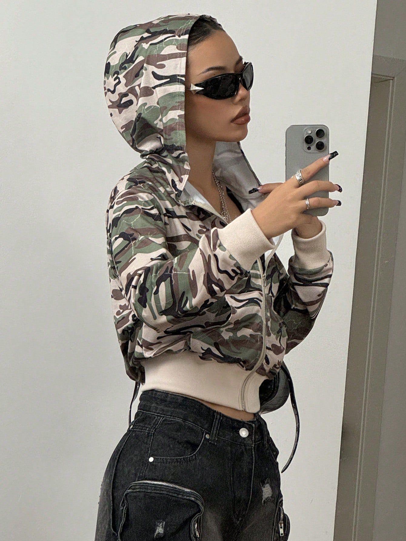 

Камуфляжний жіночий кардиган з капюшоном на блискавці, що облягає - Довгий рукав, стиль INS Small армія зелений колір