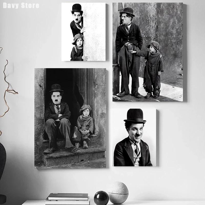 Černobílý komediální mistr Charlie Chaplin a Chlapec Filmové plakáty Plátno Tištěný obraz Nástěnné umění Obrázky Pokoj Domácí dekorace