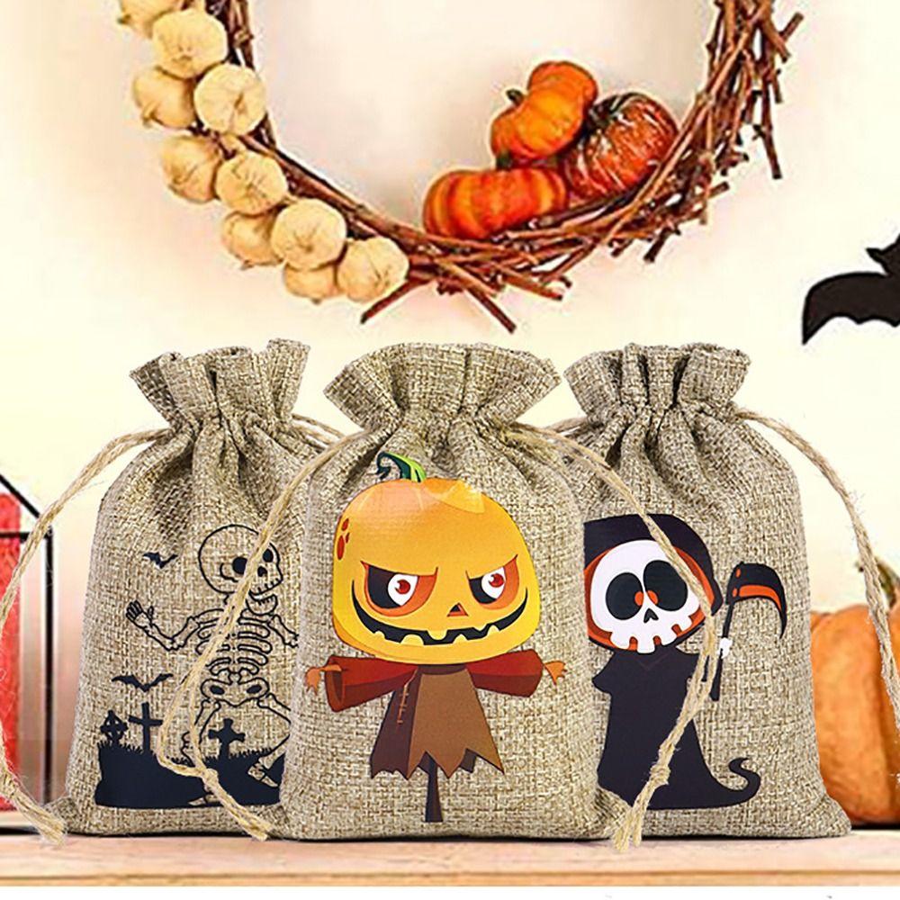 2PCS 10*15cm Halloween Gift Bag Cartoon Pattern Linen Candy Cookies Bag Festival Supplies Packaging Drawstring Bundle Bag