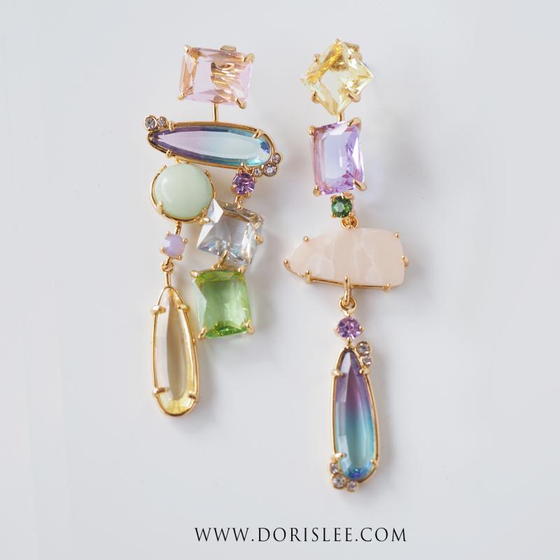Asymmetrical Rainbow Rhinestone Ear Clips for Women, No Piercing Needed