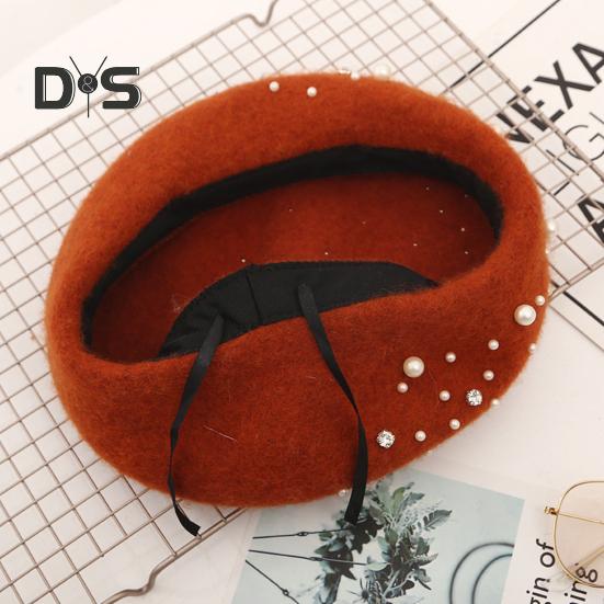 Baskenmütze für Damen, Kunstperlen, Strass-Dekor, Vintage-Wollmütze im englischen Stil, ohne Krempe, einfarbig, verstellbare Träger, Kürbismütze