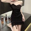 Black Pure Desire Wind Pleated Lace-up Chain Suspender Dress Women's Small Summer Waist Tight Hip Wrap Skirt
