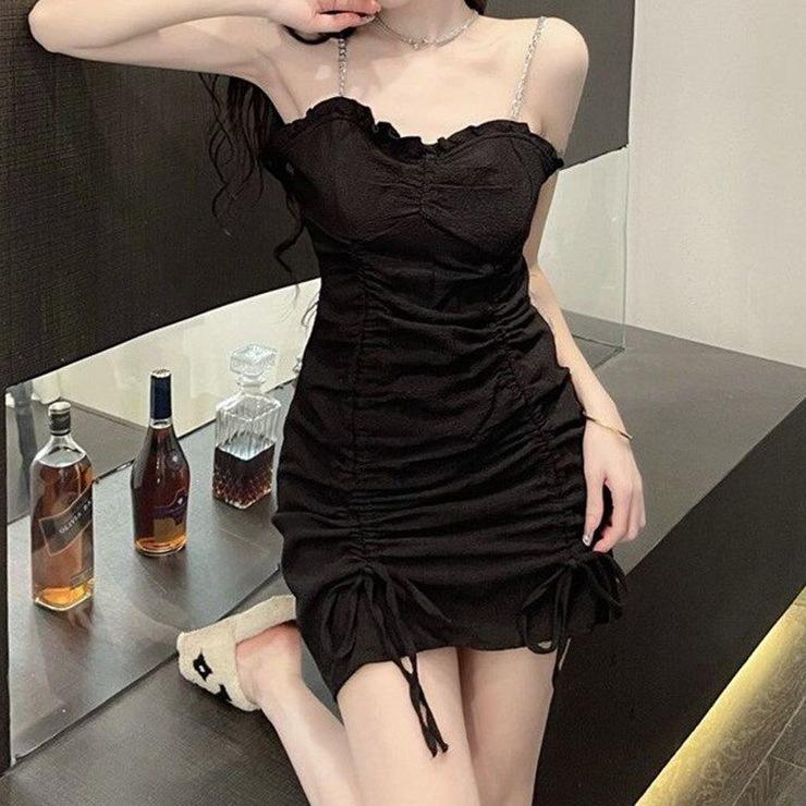 Black Pure Desire Wind Pleated Lace-up Chain Suspender Dress Women's Small Summer Waist Tight Hip Wrap Skirt