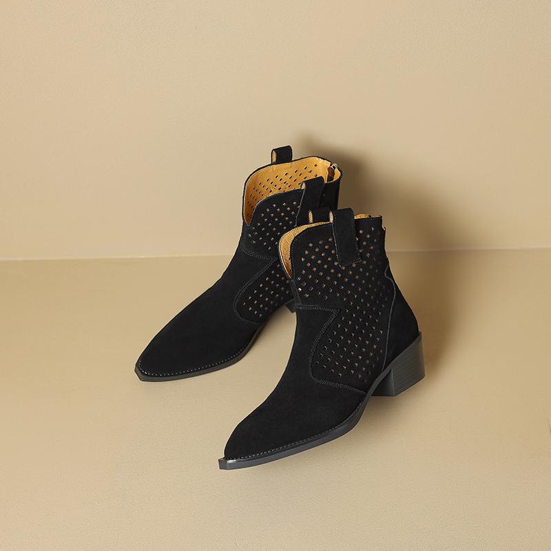 Fashion 2025 Spring Autumn Chelsea Boots for Woman Cow Suede Pointy Toe Wedge Heel Ankle Boots Cutouts Comfortable Cowboy Boots Female