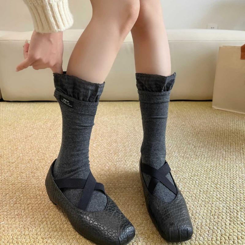 Spring and Summer Women's Cotton Socks with Child-sized Tights, Decorative Edging, Chunky Stripes, Simple Style