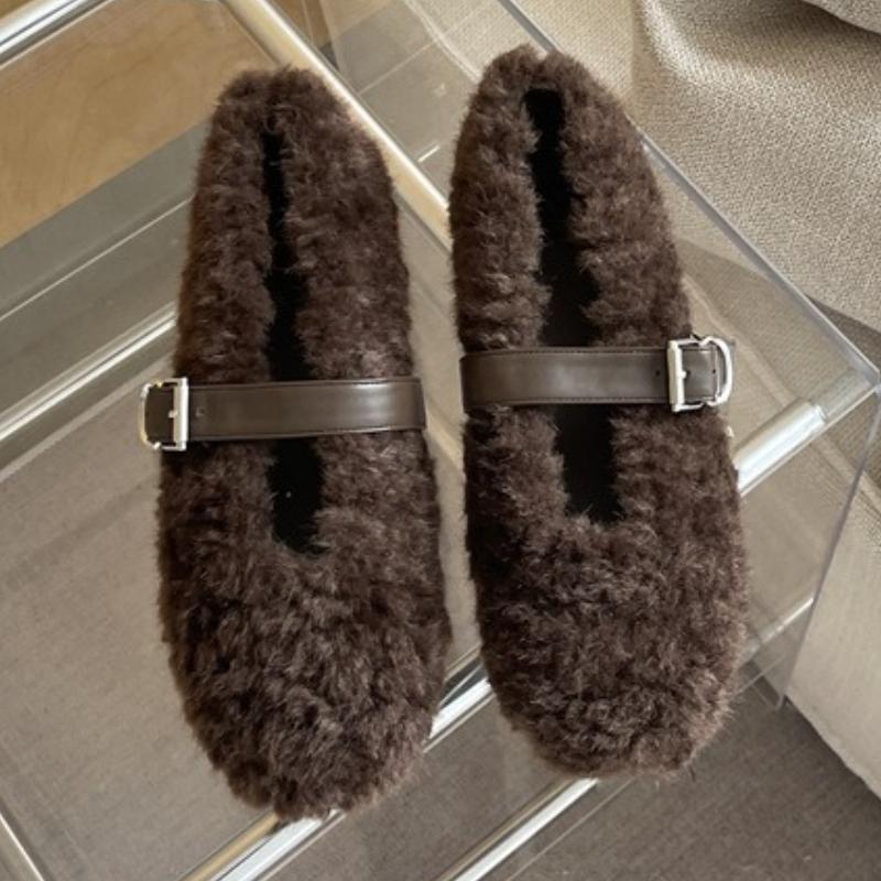 Fashion Winter Warm Plush Flat Shoes Women Fashion Round Toe Narrow Buckle Designer Shoes Cozy Soft Bottom Casual Shoes Zapatos De Mujer
