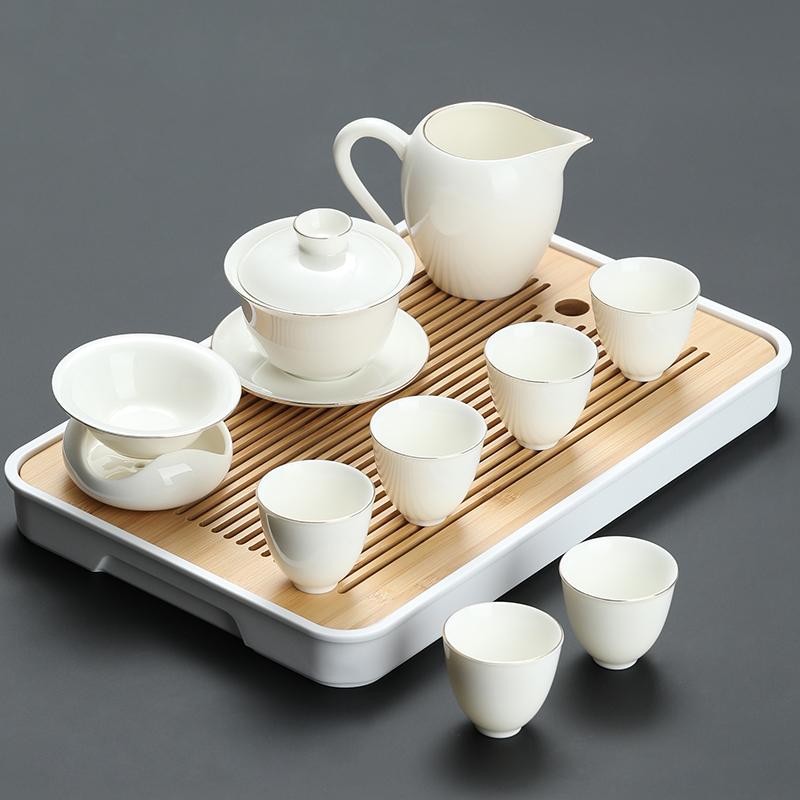 Goat Jade White Porcelain Kung Fu Tea Set Home Brewing Teapot Covered Bowl Chinese Light Luxury Brewing Tea Cup Office Guests