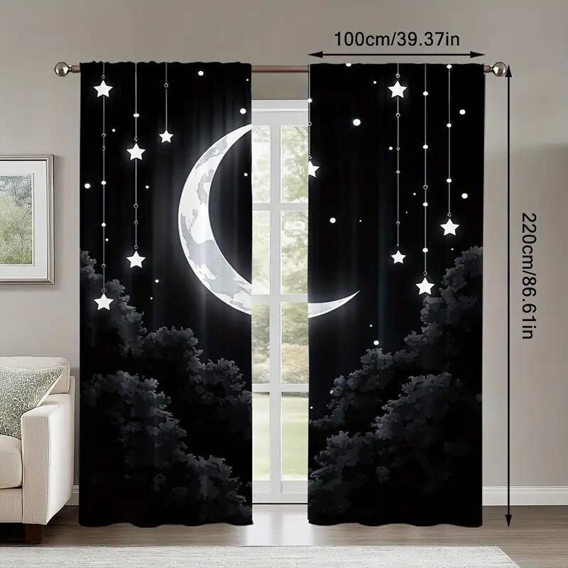 Starry Night Moon and Forest - Pole Bag Curtains, Bedroom and Living Room Decoration, Home Decoration, Living Room Decoration