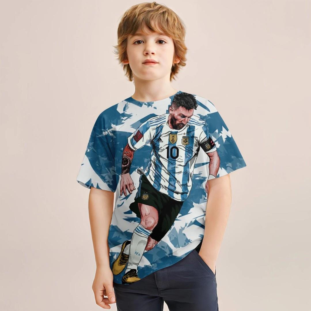 

2025 Summer New Short Sleeve Children s T-shirt 3D Animation Printing Football Star Messi Fashion New Summer Collection 100