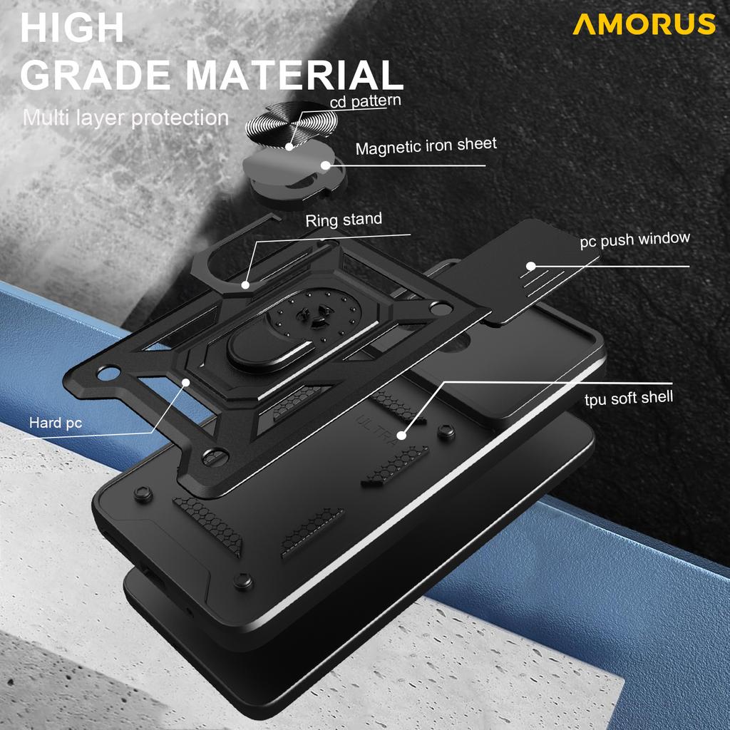 AMORUS For Motorola Moto G05 4G Case Kickstand PC+TPU Phone Cover with Camera Lens Slider