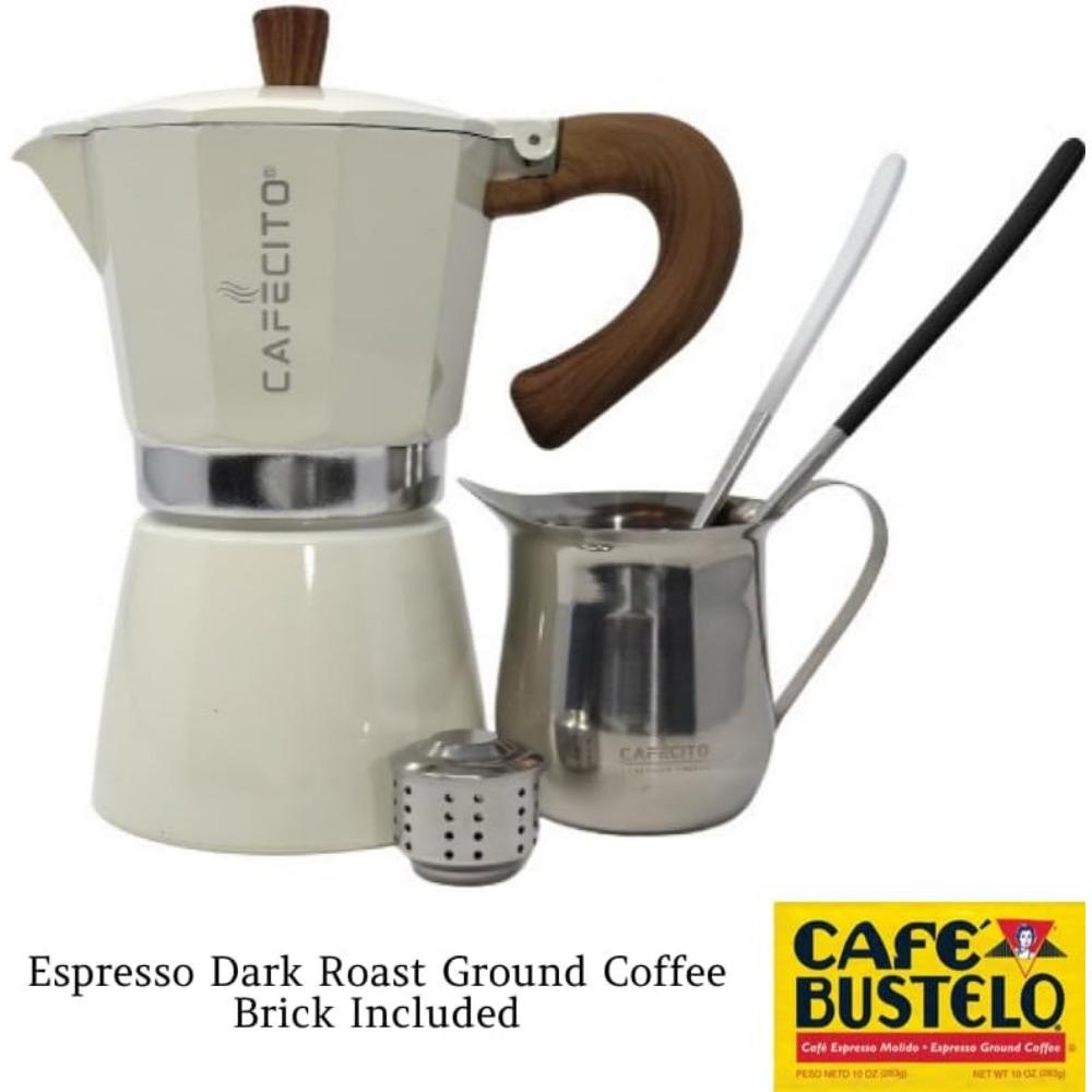 Cuban Coffee Starter Kit | Cafecito 6 Cups Moka Pot Set | Cafetera Cubana Stovetop Espresso Maker Set | Anti-Splash Valve Includ