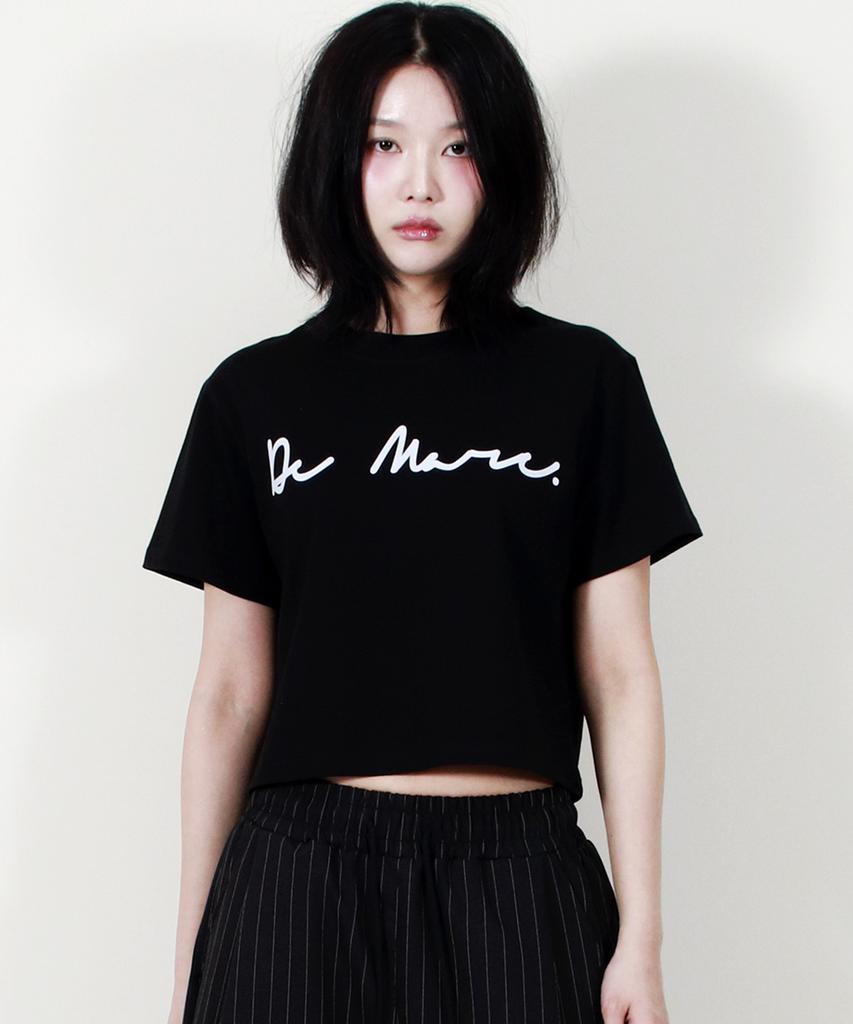Deumakeu Rough Writing Text-Logo Crop T-Shirt Black