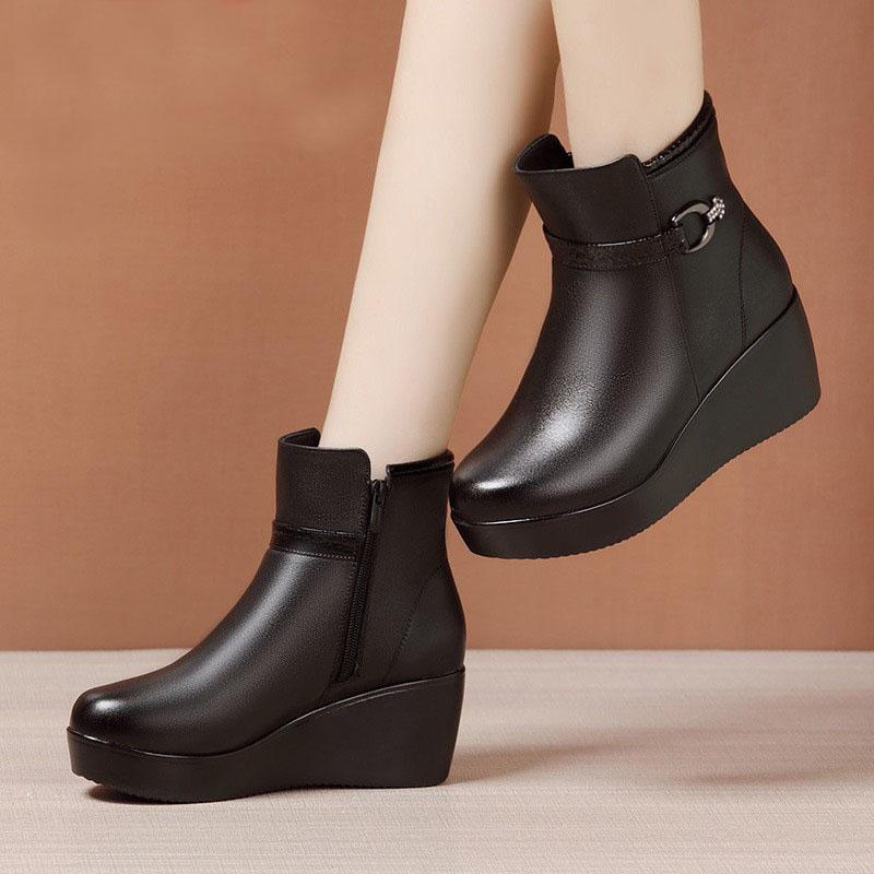 Small Size 32-43 Medium Heel Platform Wedges Boots Women Shoes Fall Winter 2024 Short Ankle Boots Soft Leather Botas Plush